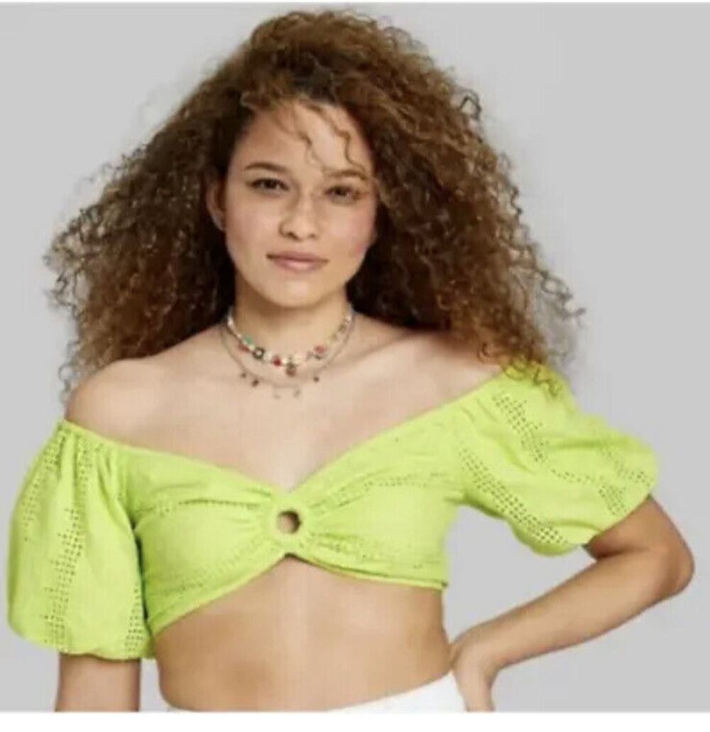 Wild Fable Puff Sleeve Keyhole Lace up Back Eyelet Crop Top Lime Women’s XXL NWT